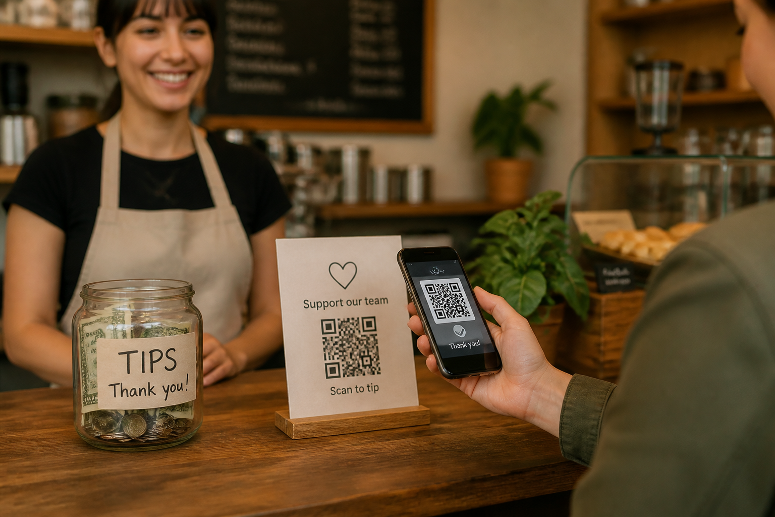 A traditional tip jar and QR giving sign used together